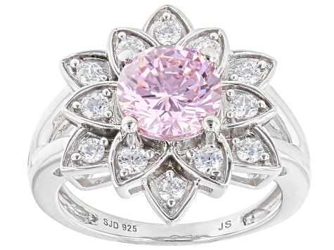 Pink And White Cubic Zirconia Rhodium Over Sterling Silver Lotus Flower Ring 4.25ctw