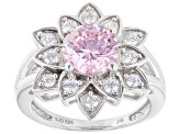 Pink And White Cubic Zirconia Rhodium Over Sterling Silver Lotus Flower Ring 4.25ctw