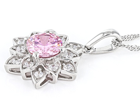 Pink And White Cubic Zirconia Rhodium Over Sterling Silver Lotus Flower Pendant 4.20ctw