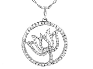 Picture of White Cubic Zirconia Rhodium Over Sterling Silver Lotus Pendant With Chain 2.00ctw