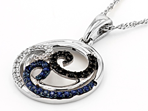 Blue Lab Sapphire, White Cubic Zirconia & Black Spinel Rhodium Over Sterling Silver Wave Pendant