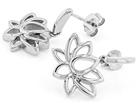 Rhodium Over Sterling Silver Lotus Flower Earrings
