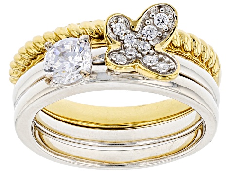 White Cubic Zirconia Rhodium & 14k Yellow Gold Over Sterling Silver Set Of 3 Stackable Rings 1.10ctw