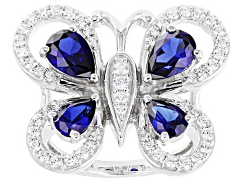 Picture of Lab Blue Sapphire & White Cubic Zirconia Rhodium Over Sterling Silver Butterfly Ring 3.80ctw