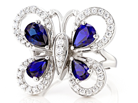 Lab Blue Sapphire & White Cubic Zirconia Rhodium Over Sterling Silver Butterfly Ring 3.80ctw