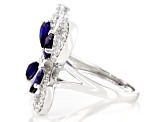 Lab Blue Sapphire & White Cubic Zirconia Rhodium Over Sterling Silver Butterfly Ring 3.80ctw