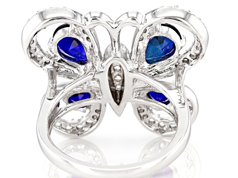 Lab Blue Sapphire & White Cubic Zirconia Rhodium Over Sterling Silver Butterfly Ring 3.80ctw