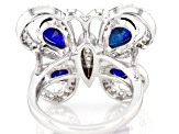 Lab Blue Sapphire & White Cubic Zirconia Rhodium Over Sterling Silver Butterfly Ring 3.80ctw