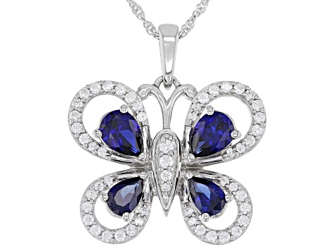 Blue Lab Sapphire & White Cubic Zirconia Rhodium Over Sterling Silver Butterfly Pendant 3.80ctw