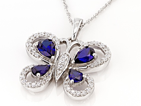 Blue Lab Sapphire & White Cubic Zirconia Rhodium Over Sterling Silver Butterfly Pendant 3.80ctw