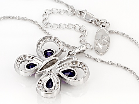 Blue Lab Sapphire & White Cubic Zirconia Rhodium Over Sterling Silver Butterfly Pendant 3.80ctw
