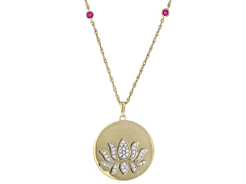 Picture of White Cubic Zirconia & Red Lab Ruby 14k Yellow Gold Over Sterling Silver Lotus Flower Pendant