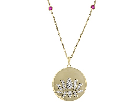 White Cubic Zirconia & Red Lab Ruby 14k Yellow Gold Over Sterling Silver Lotus Flower Pendant