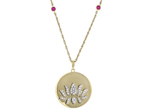 White Cubic Zirconia & Red Lab Ruby 14k Yellow Gold Over Sterling Silver Lotus Flower Pendant