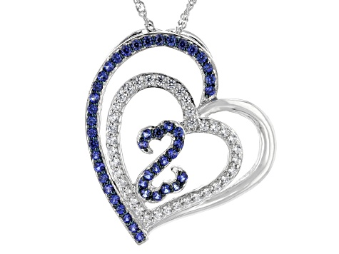 Blue Lab Sapphire And White Cubic Zirconia Rhodium Over Sterling Silver Pendant With Chain 1.30ctw