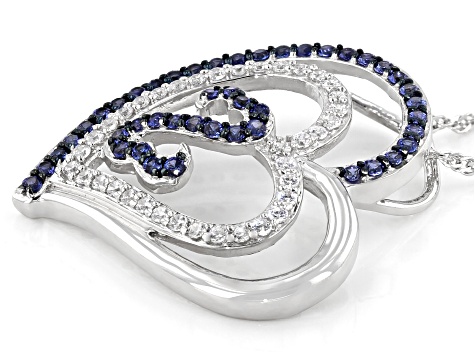 Blue Lab Sapphire And White Cubic Zirconia Rhodium Over Sterling Silver Pendant With Chain 1.30ctw