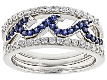 Picture of Blue Lab Sapphire And White Cubic Zirconia Rhodium Over Sterling Silver Wave Ring Set 0.95ctw