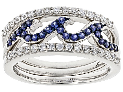 Blue Lab Sapphire And White Cubic Zirconia Rhodium Over Sterling Silver Wave Ring Set 0.95ctw