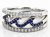 Blue Lab Sapphire And White Cubic Zirconia Rhodium Over Sterling Silver Wave Ring Set 0.95ctw