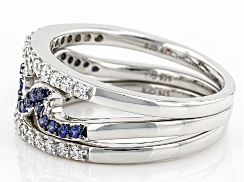 Blue Lab Sapphire And White Cubic Zirconia Rhodium Over Sterling Silver Wave Ring Set 0.95ctw