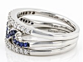 Blue Lab Sapphire And White Cubic Zirconia Rhodium Over Sterling Silver Wave Ring Set 0.95ctw