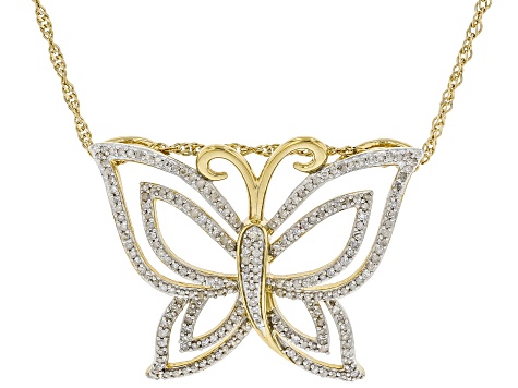 White Diamond 14k Yellow Gold Over Sterling Silver Butterfly Pendant With Chain 0.70ctw