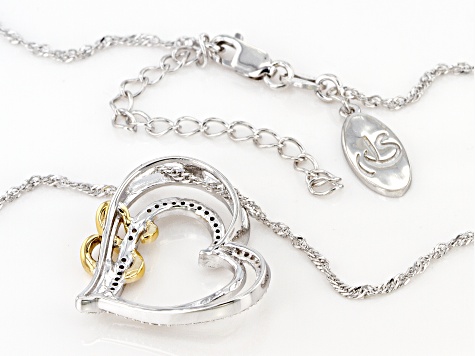 White Diamond Rhodium And 14k Yellow Gold Over Sterling Silver Heart Pendant With Chain 0.15ctw