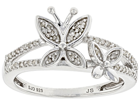 White Diamond Rhodium Over Sterling Silver Butterfly Ring 0.15ctw