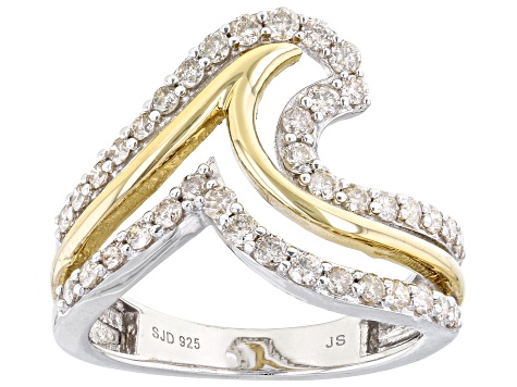 White Diamond Rhodium And 14k Yellow Gold Over Sterling Silver Wave Band Ring 0.75ctw