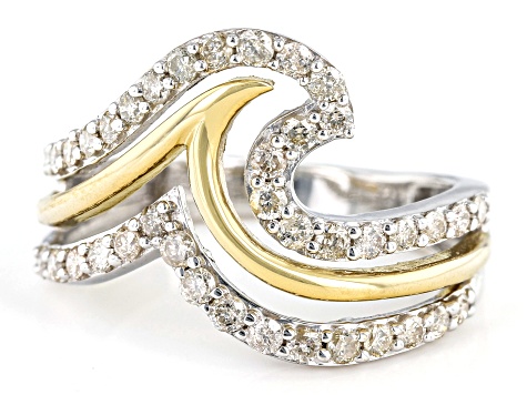 White Diamond Rhodium And 14k Yellow Gold Over Sterling Silver Wave Band Ring 0.75ctw