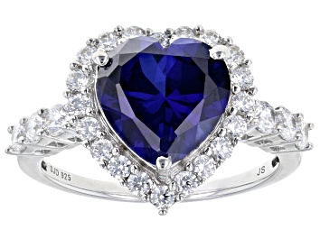 Picture of Lab Created Sapphire & White Cubic Zirconia Rhodium Over Sterling Silver Halo Ring 5.60ctw