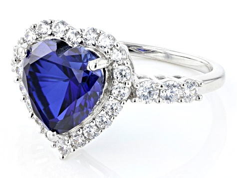 Lab Created Sapphire & White Cubic Zirconia Rhodium Over Sterling Silver Halo Ring 5.60ctw