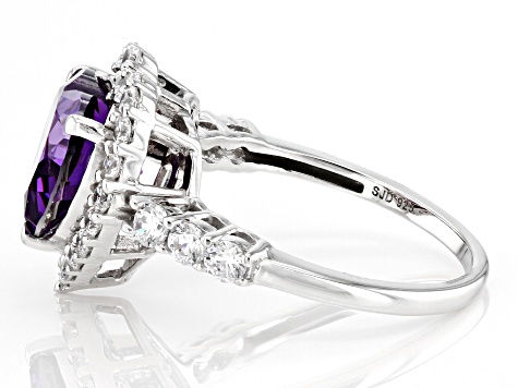 Purple & White Cubic Zirconia Rhodium Over Sterling Silver Halo Ring 5.60ctw