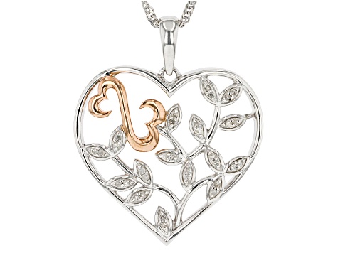 White Diamond Rhodium And 14k Rose Gold Over Sterling Silver Heart Pendant With 18" Chain 0.10ctw