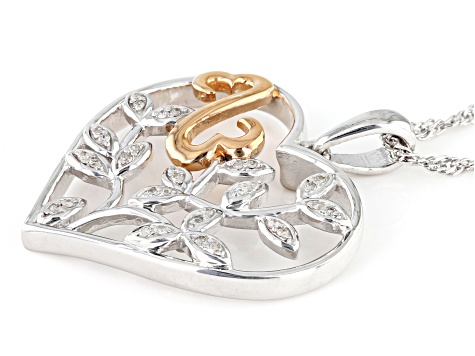 White Diamond Rhodium And 14k Rose Gold Over Sterling Silver Heart Pendant With 18" Chain 0.10ctw