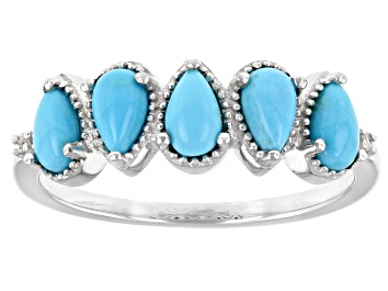 Picture of Blue Sleeping Beauty Turquoise with White Diamond Accent Rhodium Over Sterling Silver Ring 0.01ctw