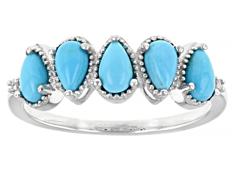 Blue Sleeping Beauty Turquoise with White Diamond Accent Rhodium Over Sterling Silver Ring 0.01ctw