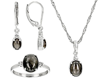 Picture of Silver Sheen Sapphire with Lab White Sapphire Rhodium Over Sterling Silver Jewelry Set 5.13ctw