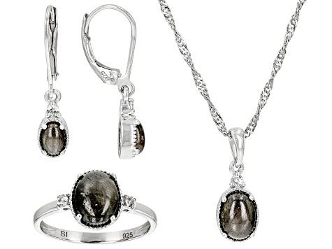 Silver Sheen Sapphire with Lab White Sapphire Rhodium Over Sterling Silver Jewelry Set 5.13ctw