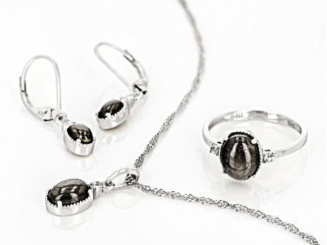 Silver Sheen Sapphire with Lab White Sapphire Rhodium Over Sterling Silver Jewelry Set 5.13ctw