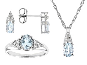 Blue Aquamarine With White Diamond Accent Rhodium Over Sterling Silver Jewelry Set 1.94ctw