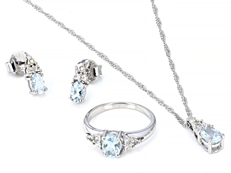 Blue Aquamarine With White Diamond Accent Rhodium Over Sterling Silver Jewelry Set 1.94ctw