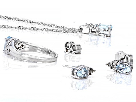 Blue Aquamarine With White Diamond Accent Rhodium Over Sterling Silver Jewelry Set 1.94ctw