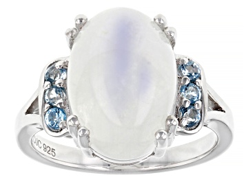 Picture of Rainbow Moonstone With Swiss Blue Topaz Rhodium Over Sterling Silver Ring .21ctw