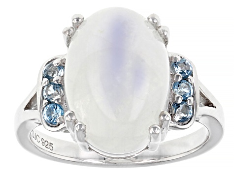 Rainbow Moonstone With Swiss Blue Topaz Rhodium Over Sterling Silver Ring .21ctw