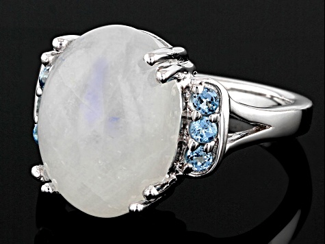 Rainbow Moonstone With Swiss Blue Topaz Rhodium Over Sterling Silver Ring .21ctw