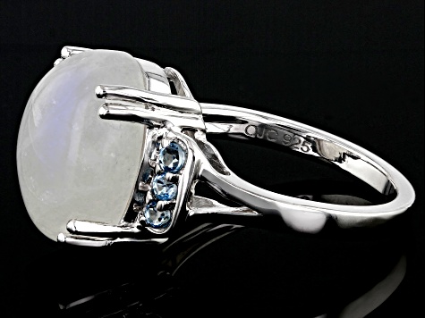 Rainbow Moonstone With Swiss Blue Topaz Rhodium Over Sterling Silver Ring .21ctw