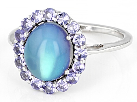 Aurora Moonstone With Tanzanite Rhodium Over Sterling Silver Halo Ring .57ctw