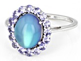 Aurora Moonstone With Tanzanite Rhodium Over Sterling Silver Halo Ring .57ctw