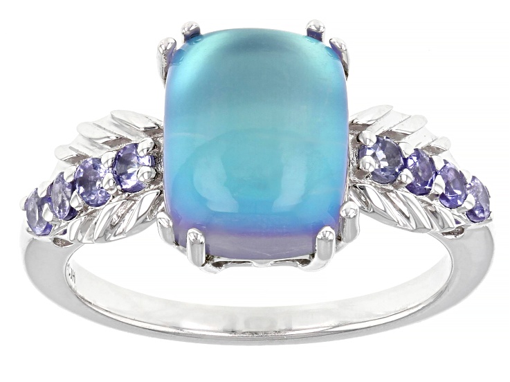 Blue Aurora Moonstone Rhodium Over Sterling Silver Ring 0.28